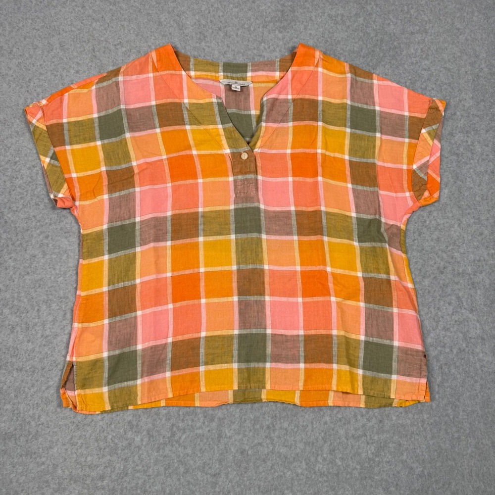 LL Bean Signature Womens Orange Pink Plaid 100% Linen Short Sleeve Blouse M
